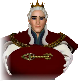 King Billy holding out a golden key on a red cushion